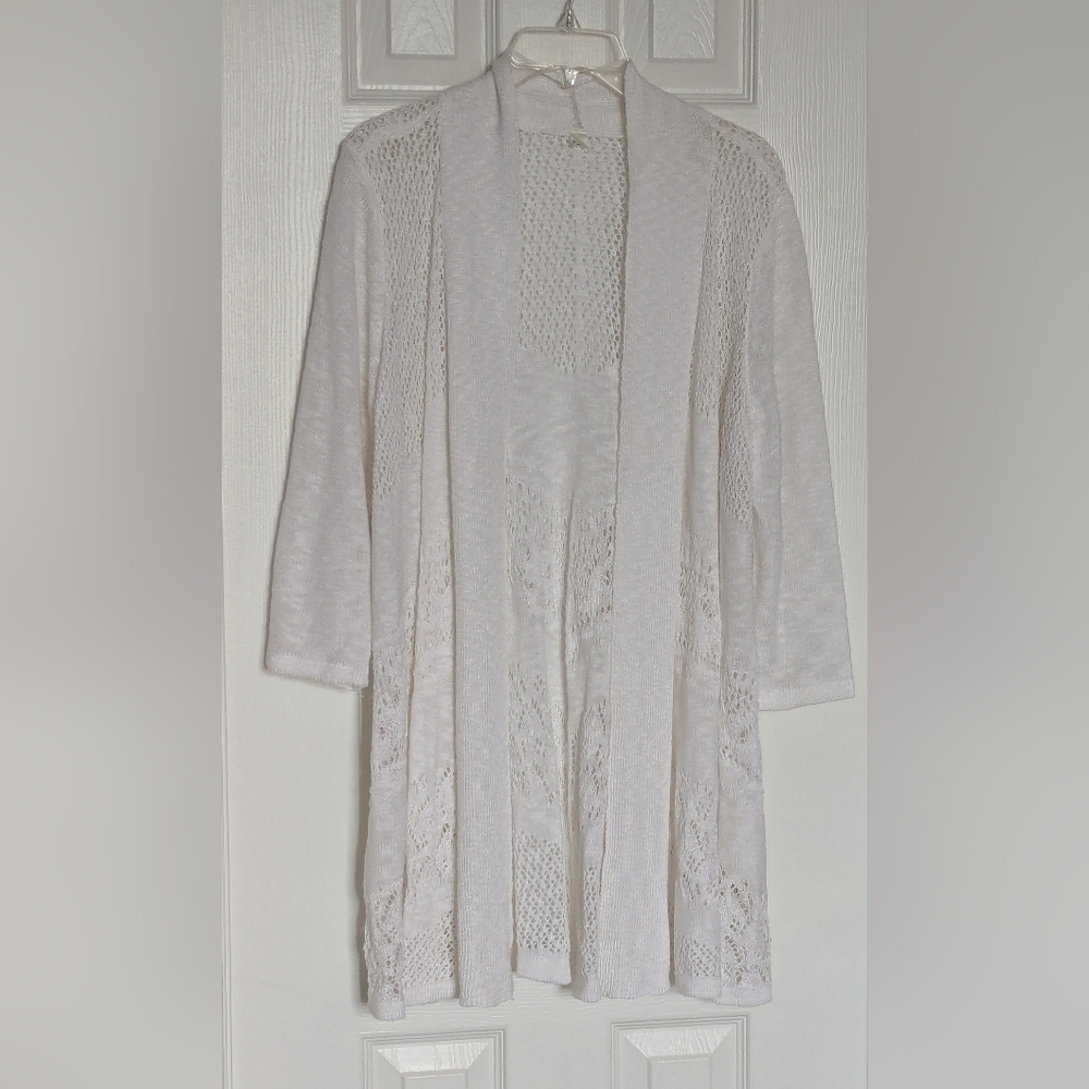 Elegant Womens (Large) Off-White/Cream Knit Crochet Lightweight Cardigan/Sweater